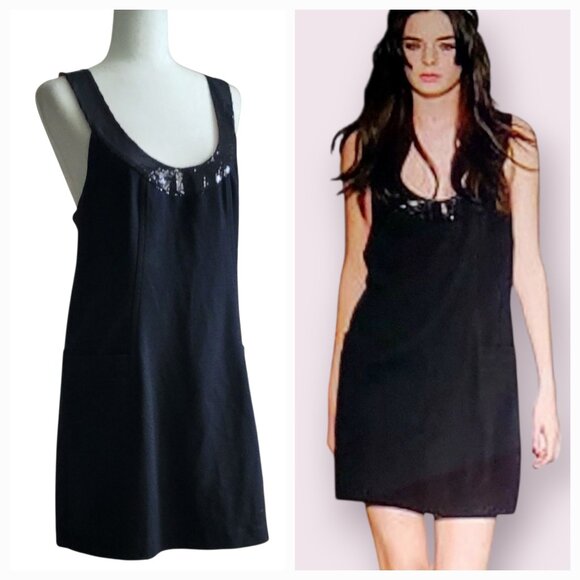 Charlotte Ronson Black Soft Wool Blend Mini Dress with Sequin Detail and Pockets - Picture 1 of 12